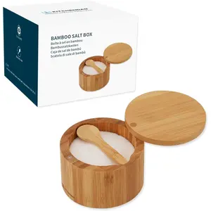 KITCHENDAO Bamboo Salt Cellar Bowl Box Container with Built-in Spoon, Elegant Kitchen Salt Dish Holder Saver Jar with Swivel Magnetic Lid to Storage Pepper Spice Bath Salt Sea Salt, 6OZ