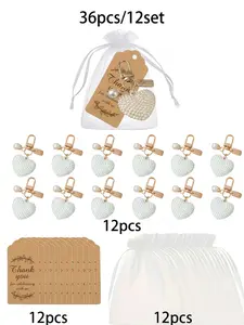 36 Large Heart Keychains Bulk Pack, Keychain Accessories, Wedding Favors, Bride Gift Set, Anniversary Party Metal Keyrings, Includes 12 Keychains + 12 Cards + 12 Cloth Bags