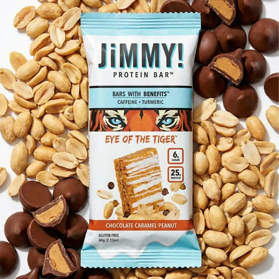 JIMMYBAR! Eye of the Tiger Caramel Chocolate Nut Protein Bar - 12 Count, 25g High Protein, 6g Low Sugar, Turmeric-Infused, Gluten-Free, Real Peanuts, Hand-Drizzled Chocolate, Plant-Based Caffeine, Healthy Snacks