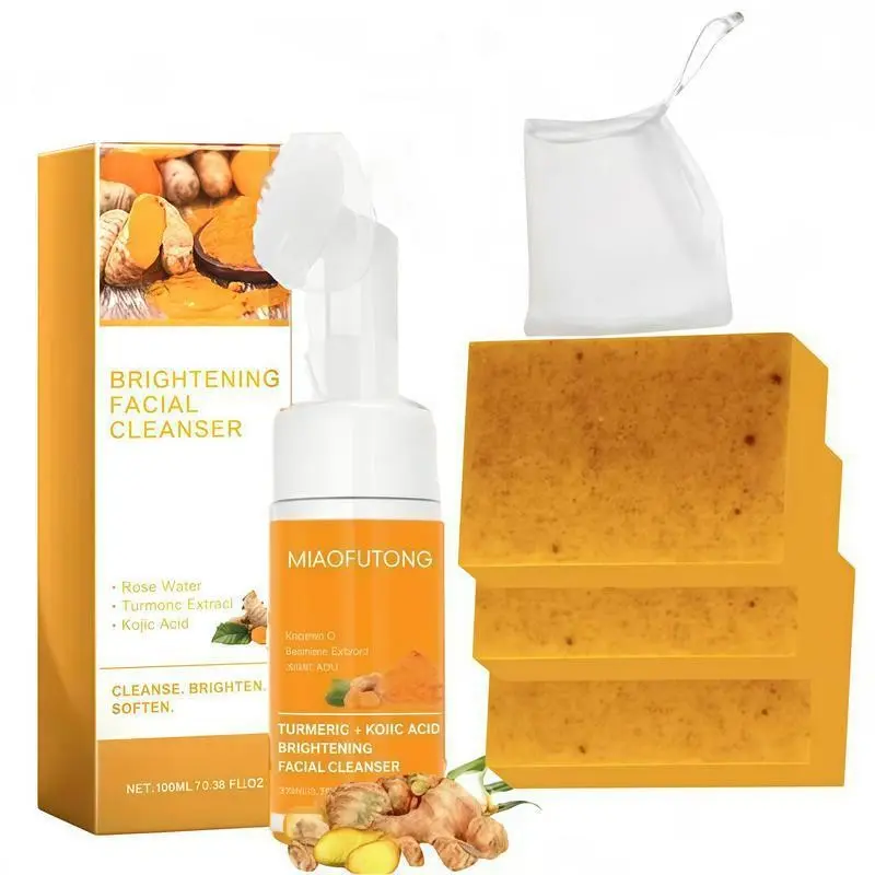 6-Piece Lemon Turmeric Kojic Soap Set with Cream, Mud Mask, Essential Oil, Mousse and Bubble Net, Portable Skincare Kit for Men & Women, Brightening Cleansing Set, Holiday Gift, Turmeric Glow Set