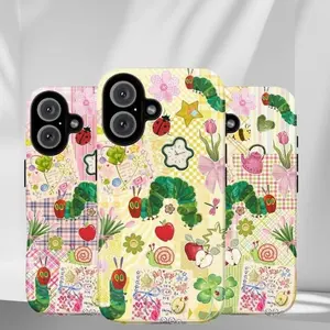 Caterpillar Collage Phone Case, Pastel Floral Patchwork Design for iPhone X, 11, 12, 13, 14, 15 & more – SS Galaxy S21 to S25 Ultra, Plus with Suction