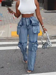 Women's Fashion Patchwork Multi-Pocket Long Pants, Casual Streetwear Style with Flounce Hem Design, Perfect for Daily Wear &