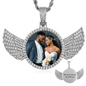 Angel Custom Necklace For Men Women , Picture Necklace Personalized Photo Pendant With Engraving Text, Custom Memorial Pendant Cubic Zirconia,Big Round Size-1.8 * 2.5in Wing Engraved souvenir gift