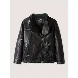Kids' Faux Leather Biker Jacket - Black Zip-Up Moto Coat, Solid Color Casual Jacket for Toddlers, Children, Casual Jackets