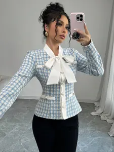 Elegant Plaid Fitted Blazer Jacket for Women, High-Quality Polyester, French Style, Casual Tea Party Wear, Perfect Gift