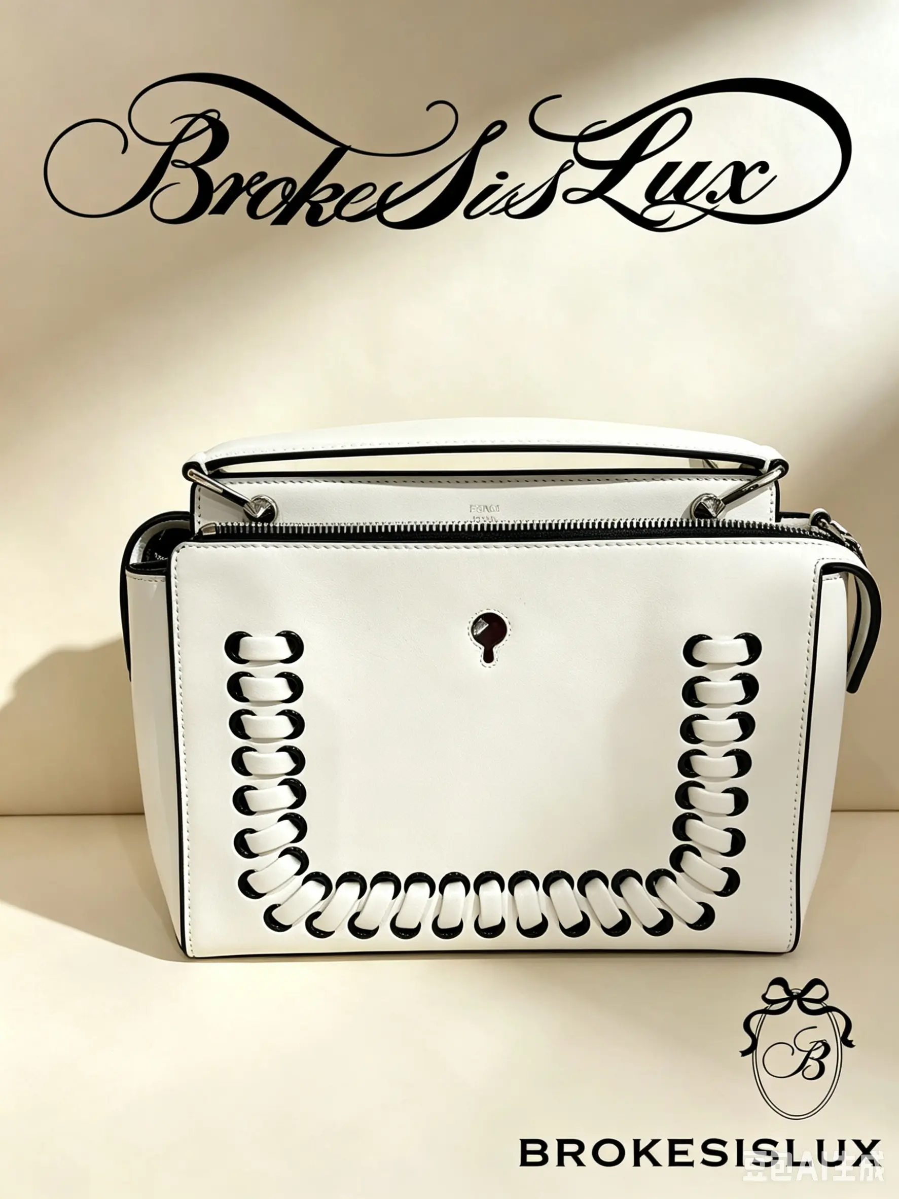 Pre-owned FENDI Peekaboo White Calfskin with Black Woven Detail Limited Edition Top Handle Bag
