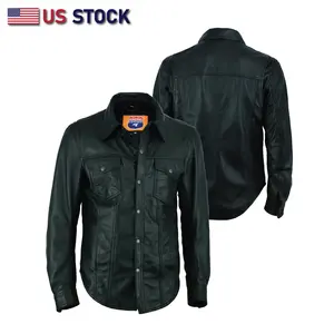 HL10403BLACK Leather motorcycle lightweight shirt - western biker club soft leather shirt Man Evening