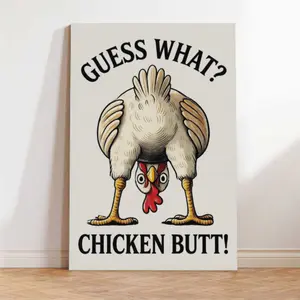 Guess What? Chicken Butt! Funny Chicken Humor Retro Bathroom Poster Canvas Print, Funny Toilet Bathroom Wall Decor