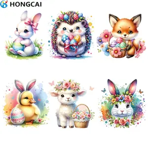 6-Piece Cartoon Rabbit Heat Transfer Vinyl Stickers Set, Cute Bow Blue Eyes Bunny Easter Eggs DIY Decorative Decals for T-Shirts Bags