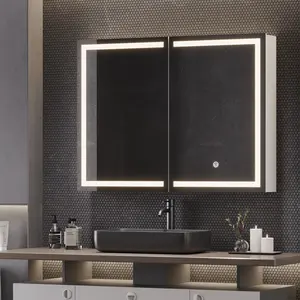The Lighted Medicine Cabinet with Mirror, Wall Mounted Bathroom Mirror with Storage, 2 Doors Bathroom Wall Cabinet with LED Lights, 31.5'' x 23.6''