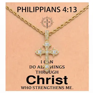 【Father's Day Gift】Iced Out Cross Necklace with Bible Verse Card, 14K Gold Plated CZ Cross Pendant, 18"-24"Rope Chain, Christian Faith Jewelry Gift for Men Women