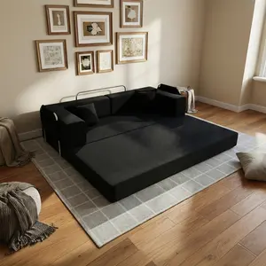 Foldable sofa bed, floor-standing folding sofa, corduroy folding sofa bed, includes mattress and pillows, with a sturdy frame, comfortable and casual two-seater sofa, suitable for living room and bedroom use, black.