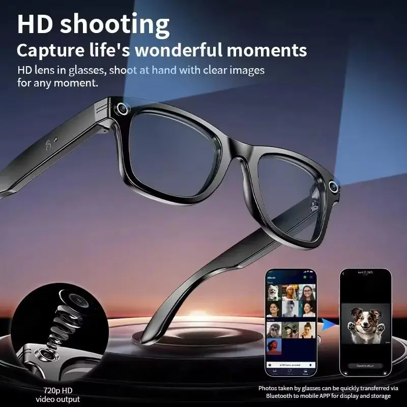 Newly Upgraded Wearable Smart Glasses with Camera Video Recording, AI Recognition, Voice Control, Bluetooth Call Translation, Slim PU Elastic Nylon Ring, Activity Tracker, Waterproof Stainless Steel Calorie Watch for Fitness, Multi-Sports (Men, Women), Sl