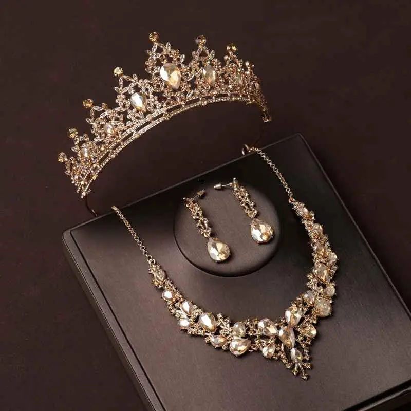 Elegant Crystal Necklace Earrings Tiara Crown Set For Women Wedding Bridal Prom