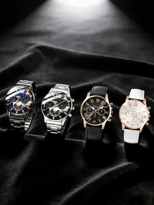 4-Piece Set Fashion Quartz Watch, PU Strap with Stainless Steel Band, Round Zinc Alloy Case, Multi-Time Zone & Date Function, Unisex Couple Watches, Modern Fashionable Wristwatch