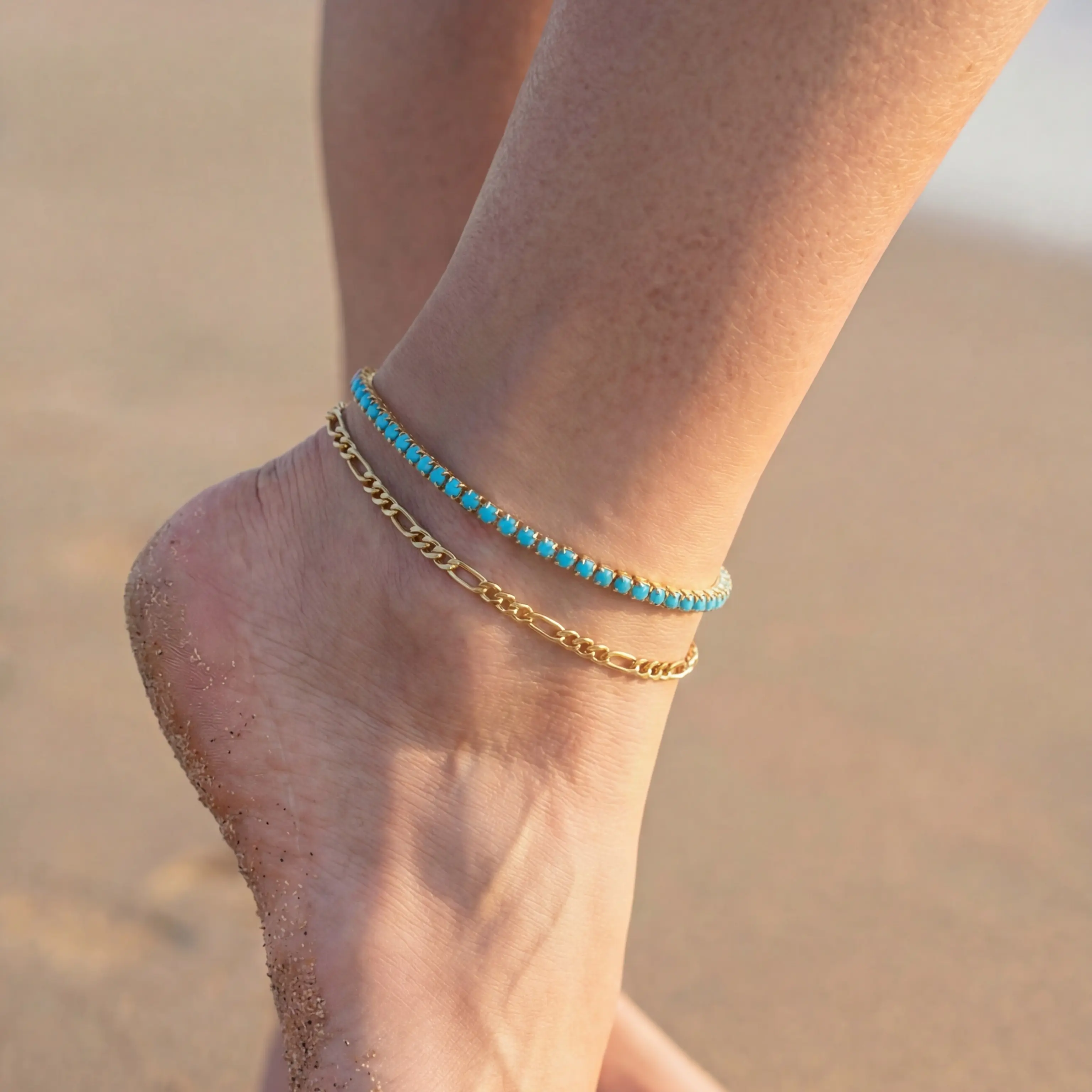 Wide Ankle Friendly 18K Gold Plated 2PCS Set Turquoise Stainless Steel Non Tarnish Anklets For Women