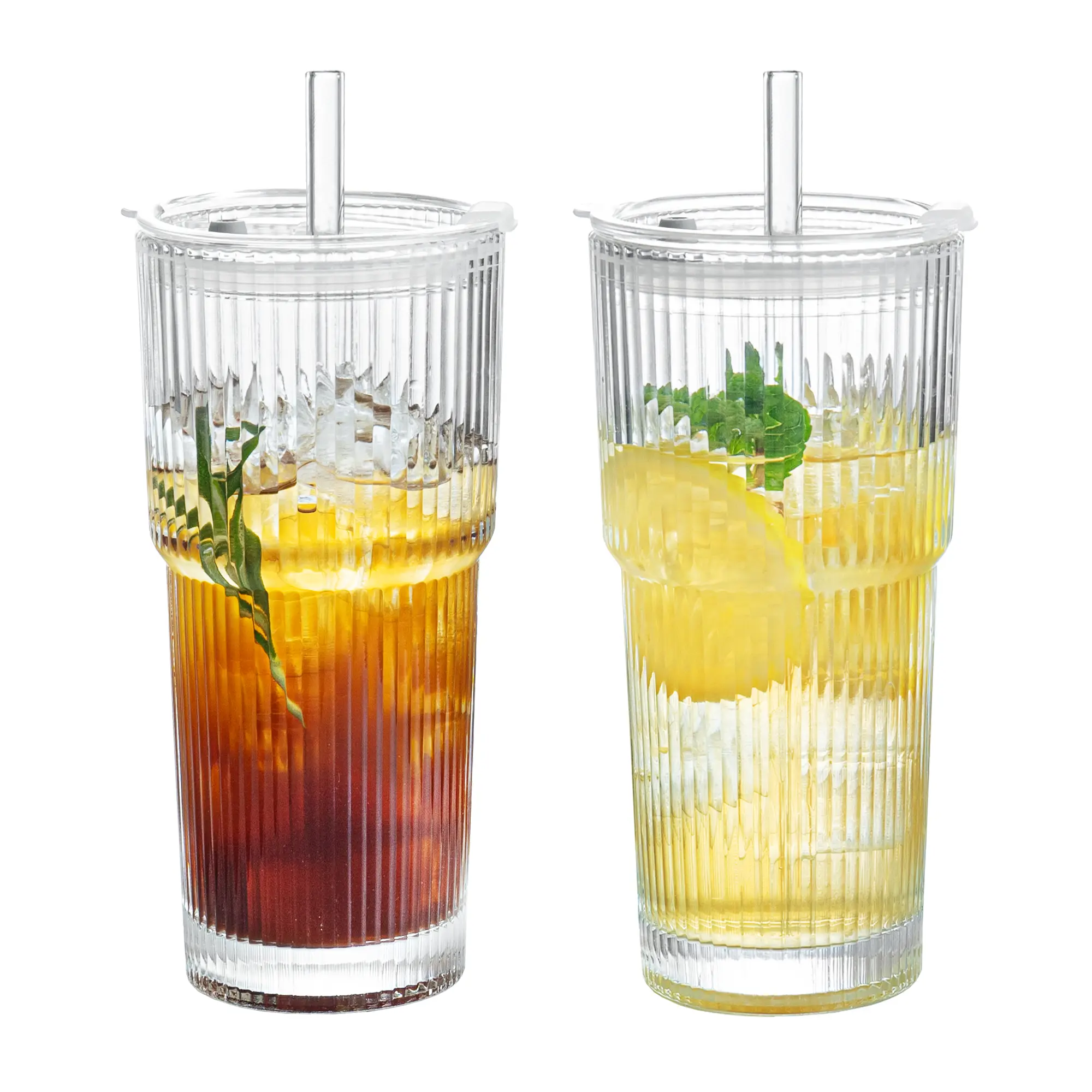 Puraville 20oz Glass Cup with Lid and Straw, Vintage Ribbed Glassware for Whiskey Cocktail Beer, Mason Jar Drinking Glasses Tumbler Iced Coffee Cup water bottle girl