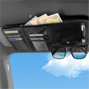 Visor Organizer with Sunglass Holder,Multi-Functional  Sun Visor Organizer with Zipper for Cards,,Tickets,Leather Interior Accessories (Black)