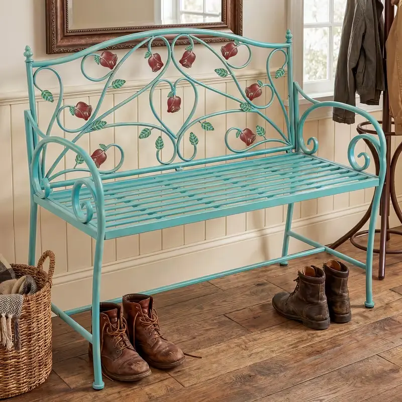 Vintage Garden Bench, Outdoor Wrought Iron Patio Bench with Romantic Rose Design. Extra-wide seat built for two people. Perfect for gardens, patios, porches, parks and backyards. Outdoor Metal Bench Patiofurniture Outdoor Metal Bench Patiofurniture