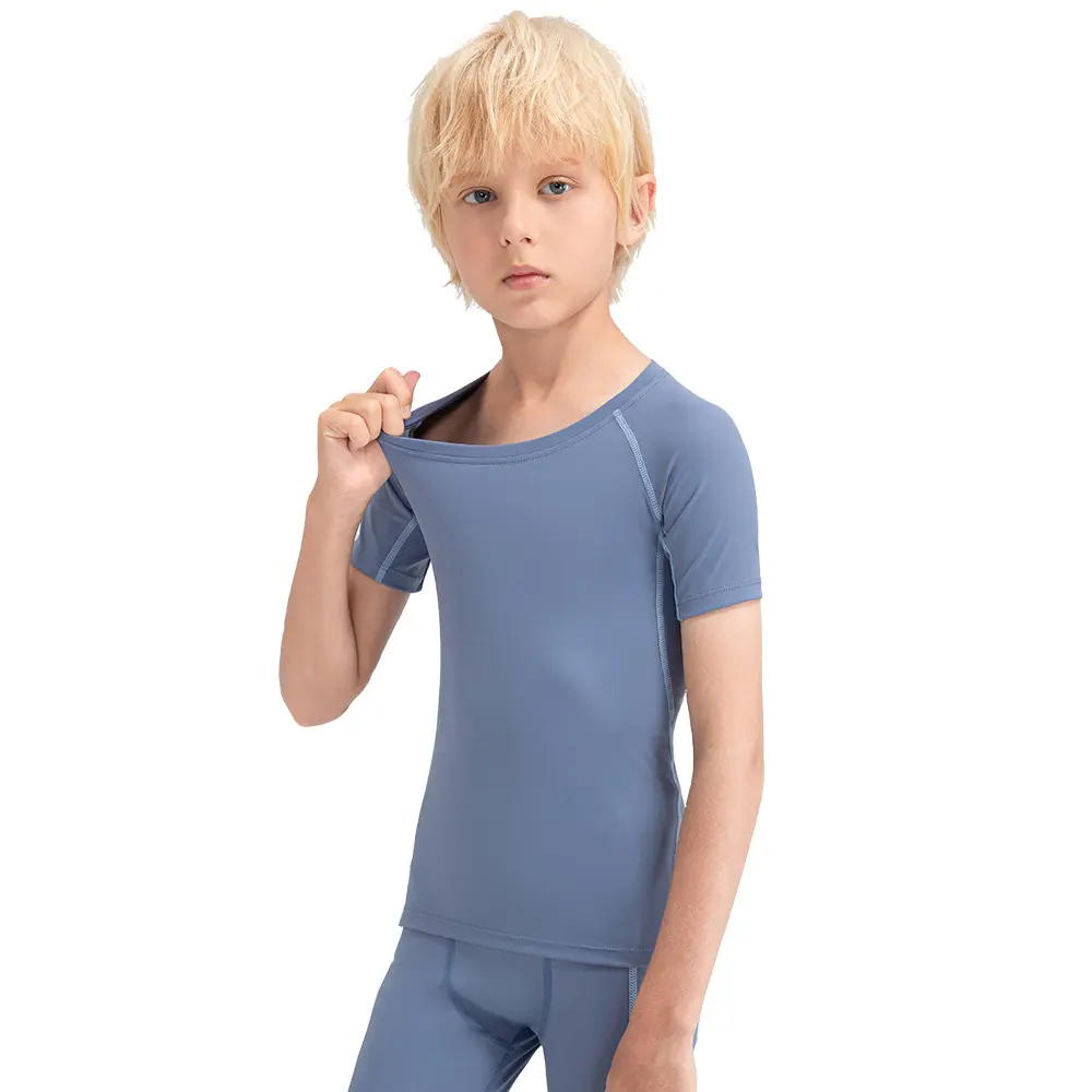 Boy's Short-Sleeve Compression Shirt, High-Elastic Quick-Dry Nylon Top for Basketball, Table Tennis Training, Child Sizes, Solid-Color Sports Fitness Apparel