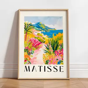 Beachy dopamine decor, Mediterranean town art print in Henri Matisse style, Tropical paradise poster | Unframed G