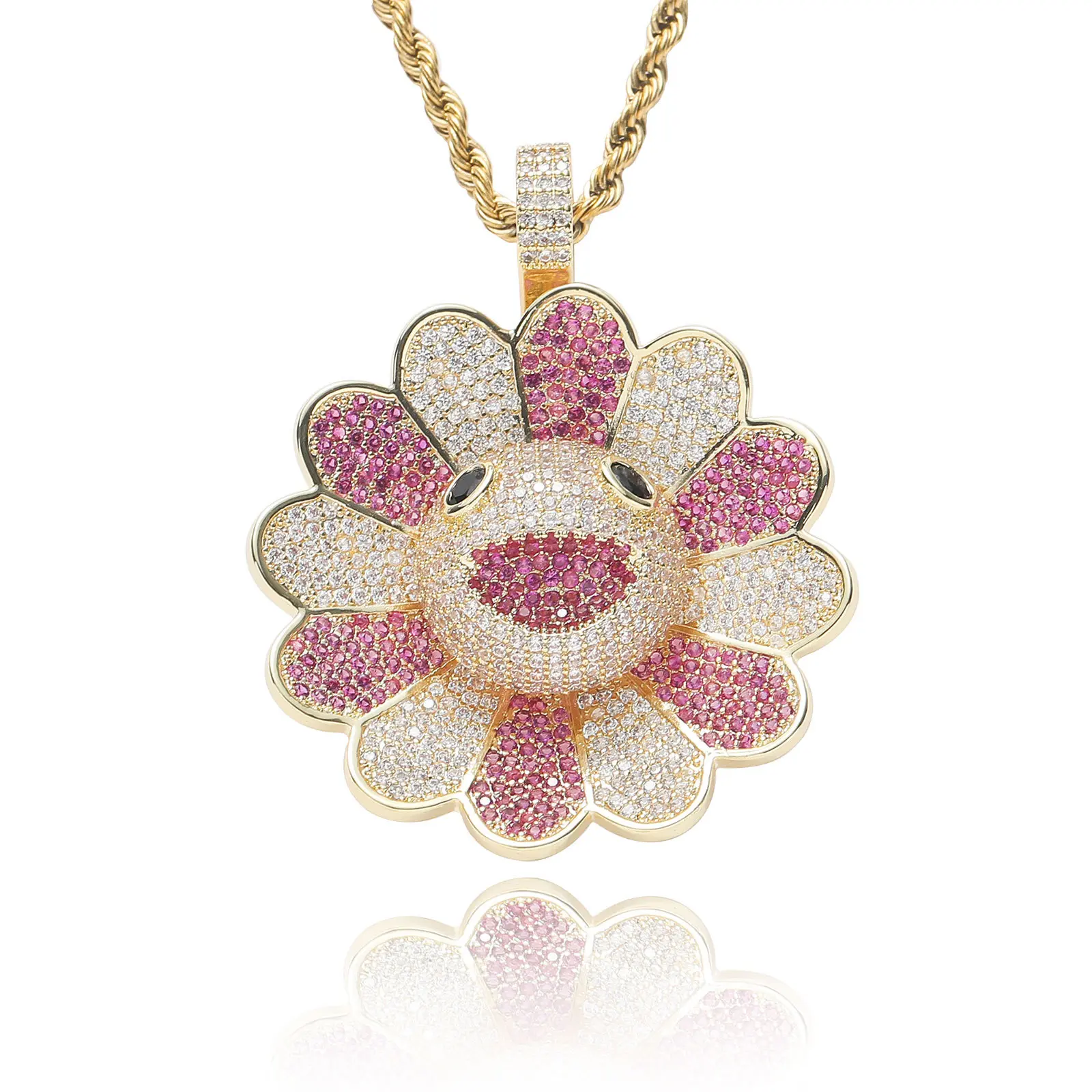 Pink flower gold plated+stainless steel