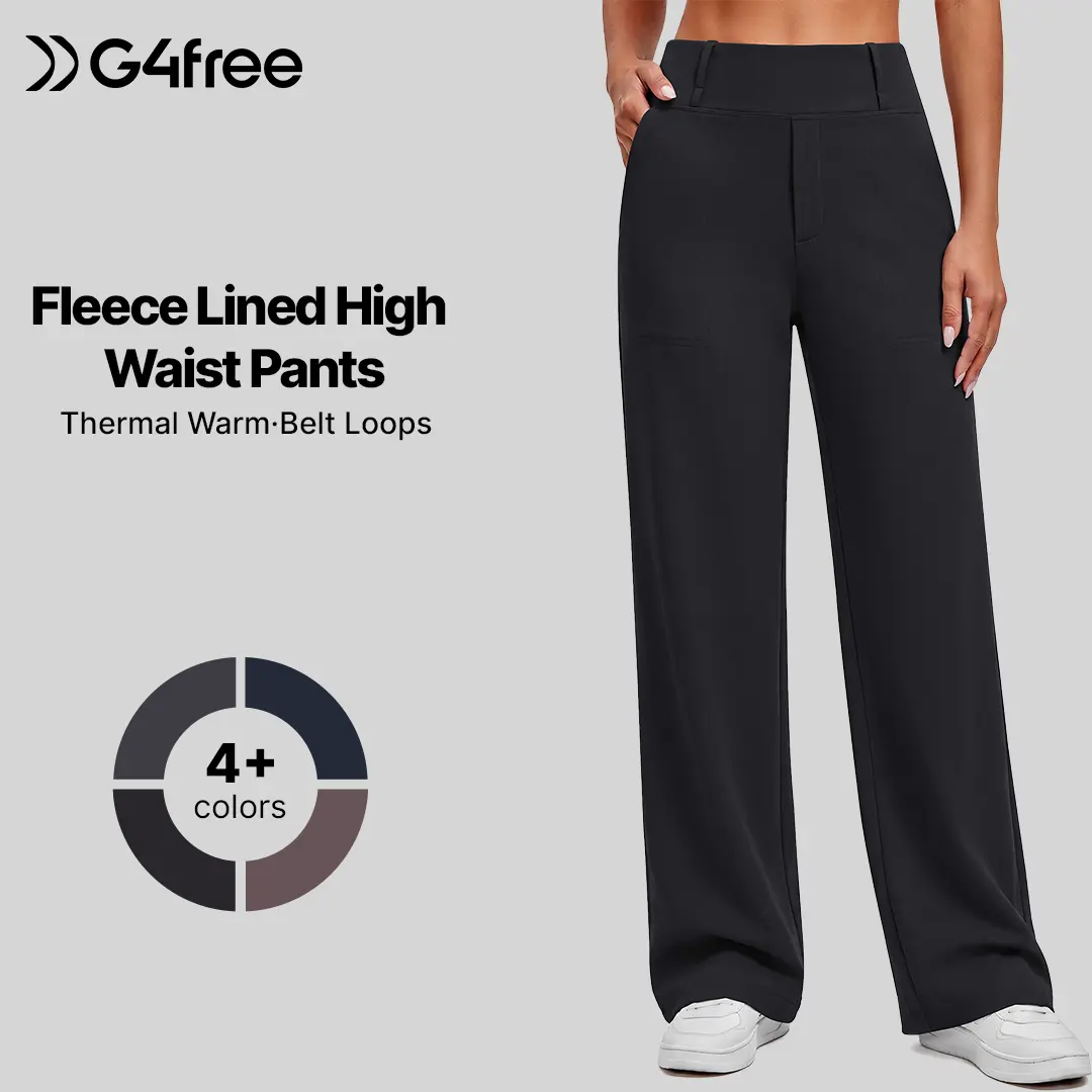 G4Free EverGoing Women's Fleece-Lined Work Pants with Double Belt Loops, Thermal Fabric, High Waist, Wide Leg, Faux Fly, Sleek Soft Feel, 2 Side Pockets, for Casual & Work Use Black Bottoms