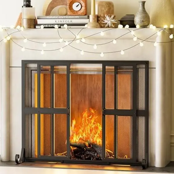 Handcrafted Large Wrought Iron Fireplace Screen with Sliding Doors, 37.8" W x 30.7" H Modern Scrollwork Spark Guard, Easy-Install Adjustable Pet Safety Protector with Warranty, Protects from Embers, Removable Storage for Living Room