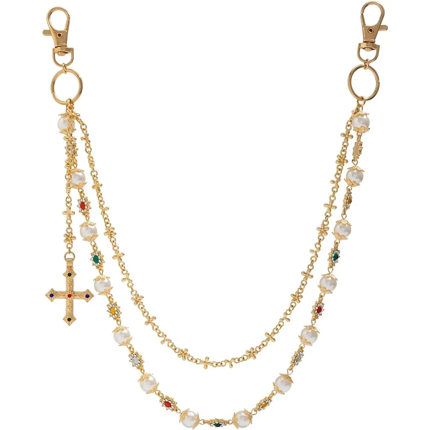 Fashion Layered Look Wallet Chains with Exquisite Gold-Silver Rhinestone Flower Accents & Pearls - Women's Wallet Decor, Jean Pocket Chain, Bag Purse Charm Jewelry for Camping & Hiking Gear Accessory