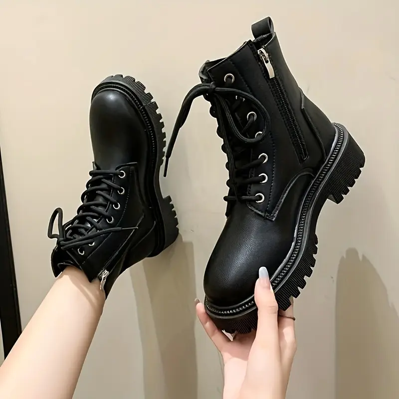 Women's Plain Platform Ankle Boots, Comfortable Lace-Up Casual Walking Shoes with a Side Zipper for Everyday Wear, Footwear, Stylish, Polyurethane, Round Toe, Cuban, All Seasons, Breathable Mesh, Man-Made Pu, Laces, Rubber, Solid Color