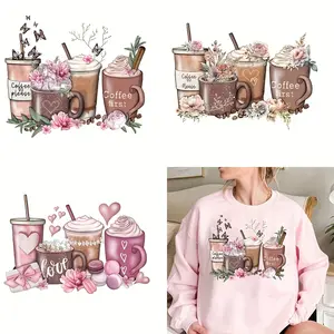 3-Piece Coffee Latte Design Heat Transfer Stickers, DIY Iron-On Patches for Clothing, T-Shirt Making, Pillow Decorations, Apparel Accessories, DIY Craft Embellishments, DIY Craft Supplies