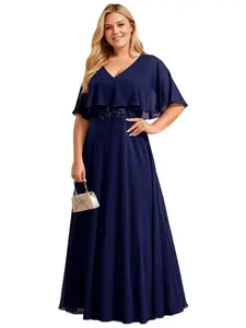 Ever-Pretty 【Plus Size 】Chiffon Formal Maxi Dress with Batwing Sleeves - Burgundy Evening Women's Wear dress  02289