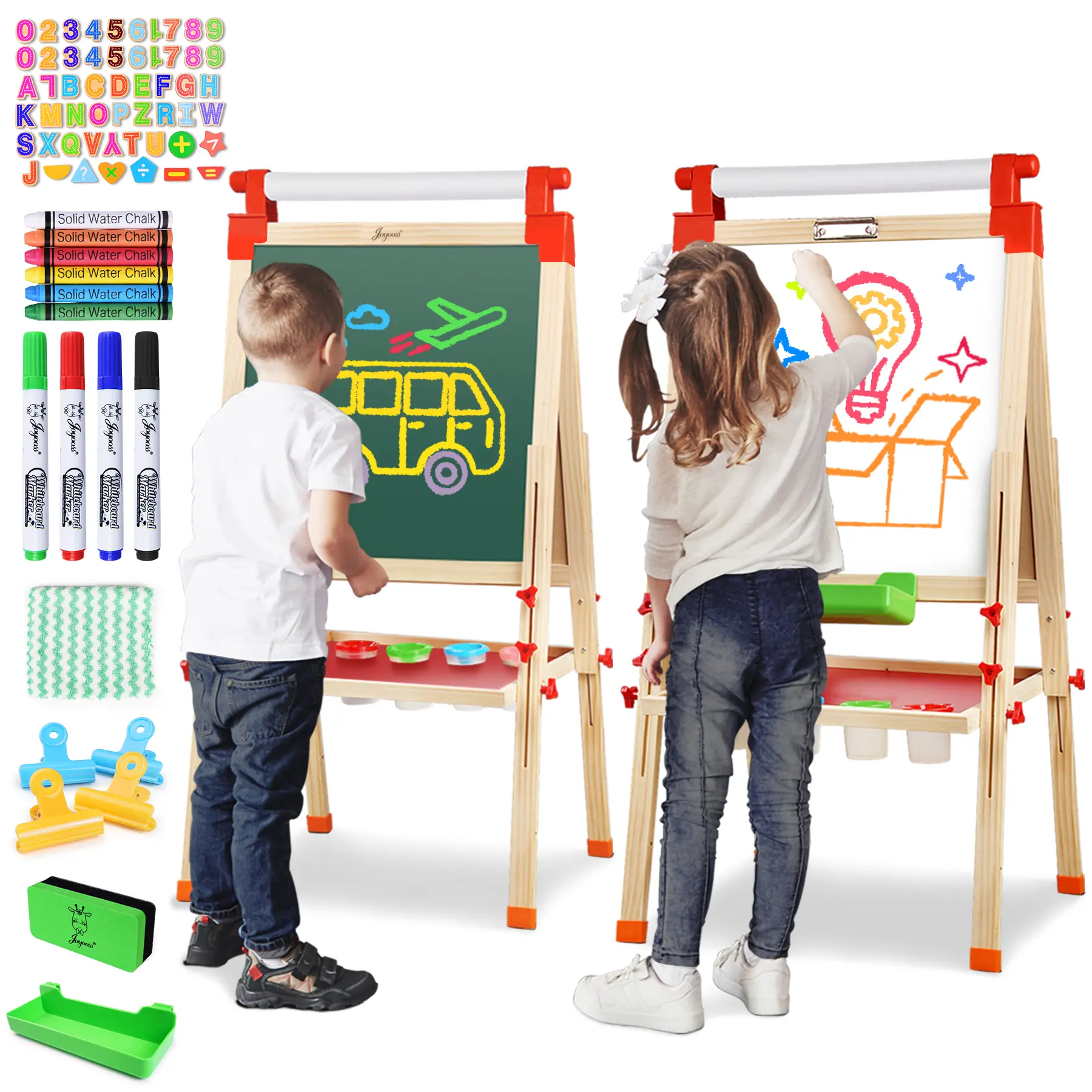 Joyooss Kids Wooden Double-Sided Easel with 126 RED Design, Paper Roll, Chalk, Storage Box, Drawing Paper & Accessories for Creative Play That Teaches