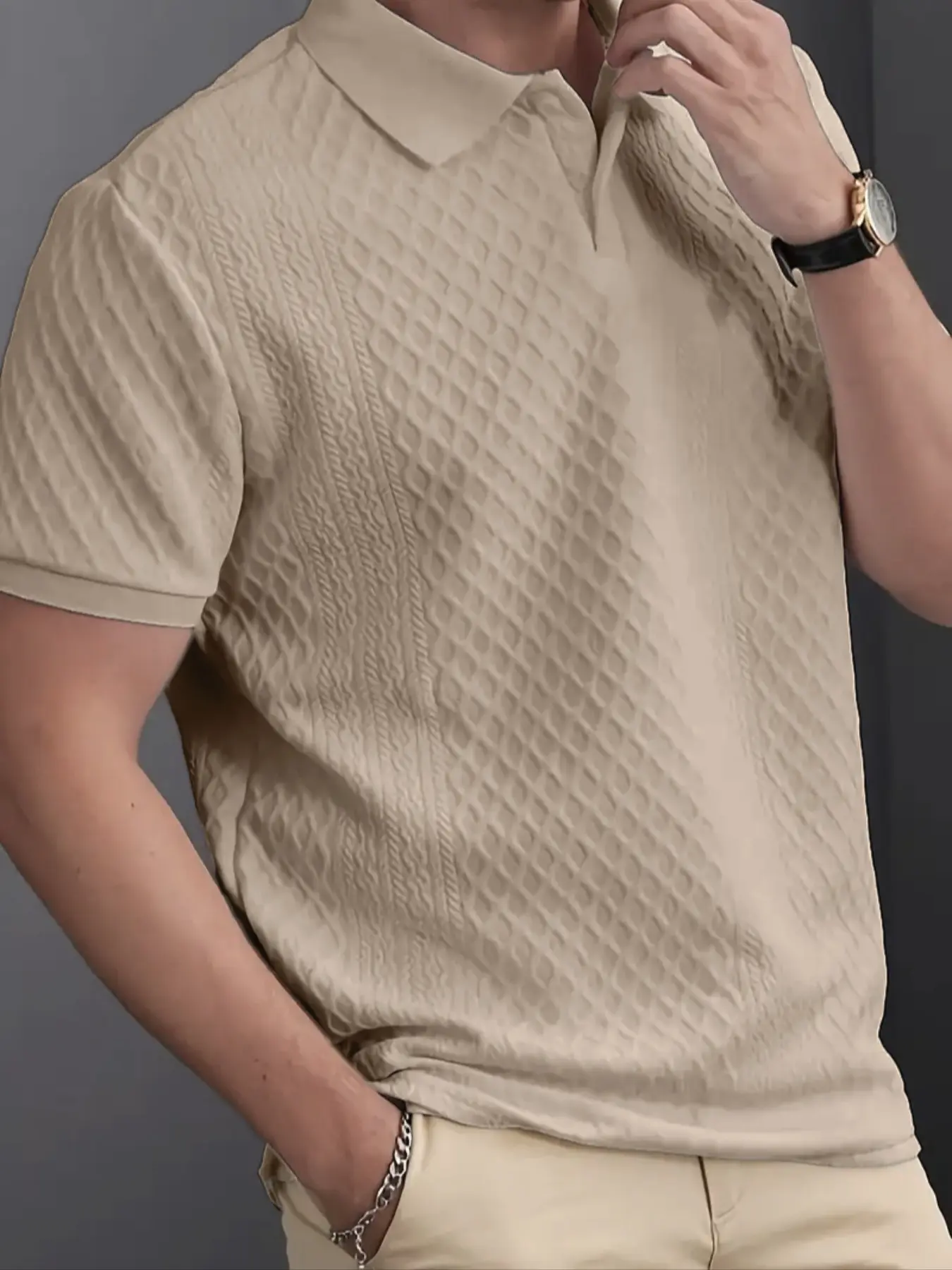 Men's Fashion Classic Casual Business Fitted Top Polo Shirt, High-End Textured Solid Color Jacquard Collar T-Shirt, Essential Casual Golf Shirts Golf Tennis, Breathable Warm, Indoor & Outdoor