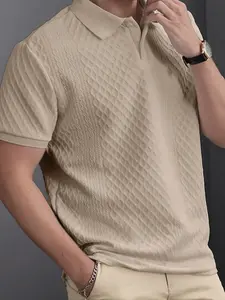 Men's Fashion Classic Casual Business Fitted Top Polo Shirt, High-End Textured Solid Color Jacquard Collar T-Shirt, Essential Golf Tennis, Breathable Warm, Indoor & Outdoor