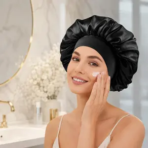 1pc BLACK Silk Sleep Cap, Satin Hair Cap, Women Wide Brim High Elasticity Cap, Charmeuse Sleep Cap, High-End Satin Hair Care Cap, Curly Hair Silk Headband Hair