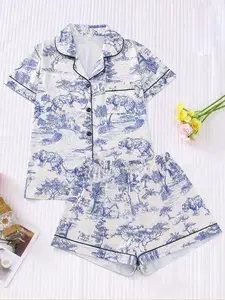 Plus Size Easter Egg and Rabbit Print Pajama Set Women Casual Two Piece Shorts Set, Short Sleeve Satin Pajamas, Summer Sleepwear Set, Pajama Sets Women, Comfortable Sleeping Clothes, cute bunny holiday sleepwear, elastic waist comfy loungewear