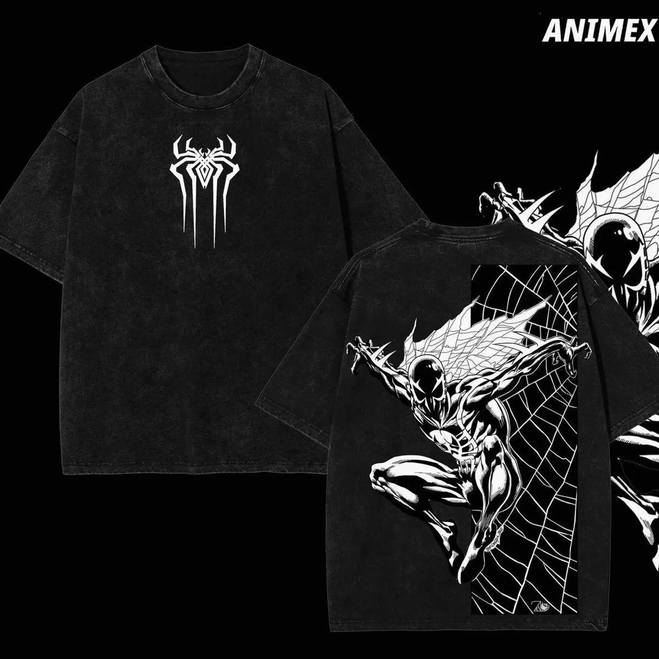 Limited Spidey Venomized Mecha Superhero Comic Double Printed Oversize Lightweight Acid Washed Tee, TV Show Graphic Wash Tee L7D 9PL