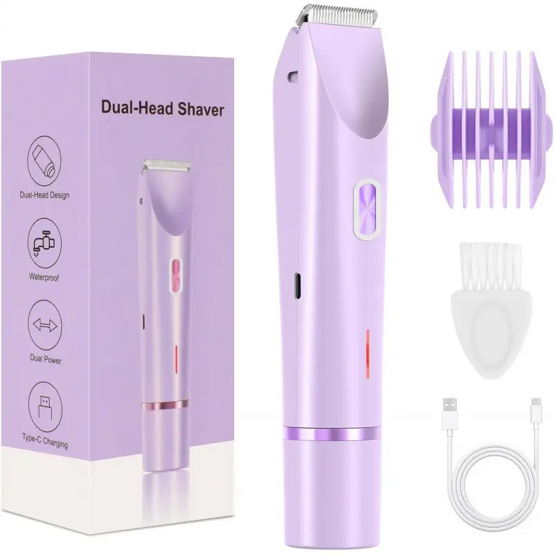1 set of electric hair removal tools, IPX7 waterproof, 2-in-1 shaver, multifunctional women's hair remover, suitable for face and lower legs, bikini line trimming, cordless bikini shaver, detachable head, USB rechargeable interface