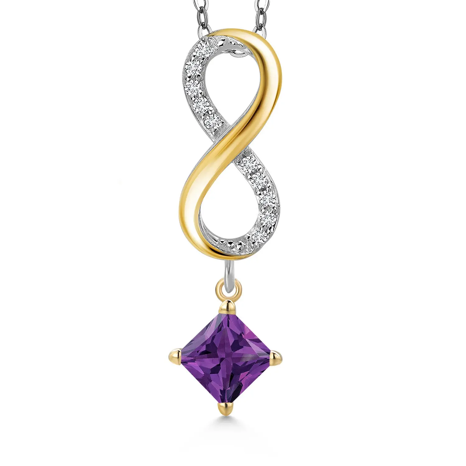925 Silver and 10K Yellow Gold Purple Amethyst and Lab Grown Diamond Pendant Necklace for Women | 1.38 Cttw | Gemstone February Birthstone | Princess 5MM | With 18 Inch Chain