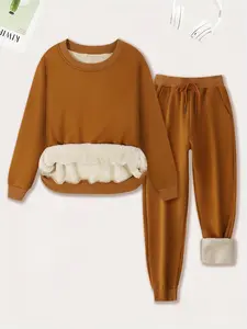 Women's Plain Soft Plush Lined Sweatshirt & Drawstring Waist Sweatpants Two-piece Set, Basic Casual Fitted Round Neck Long Sleeve Pullover & Pocket Jogger Pants, Women's Two-piece Outfits for Winter Womenswear