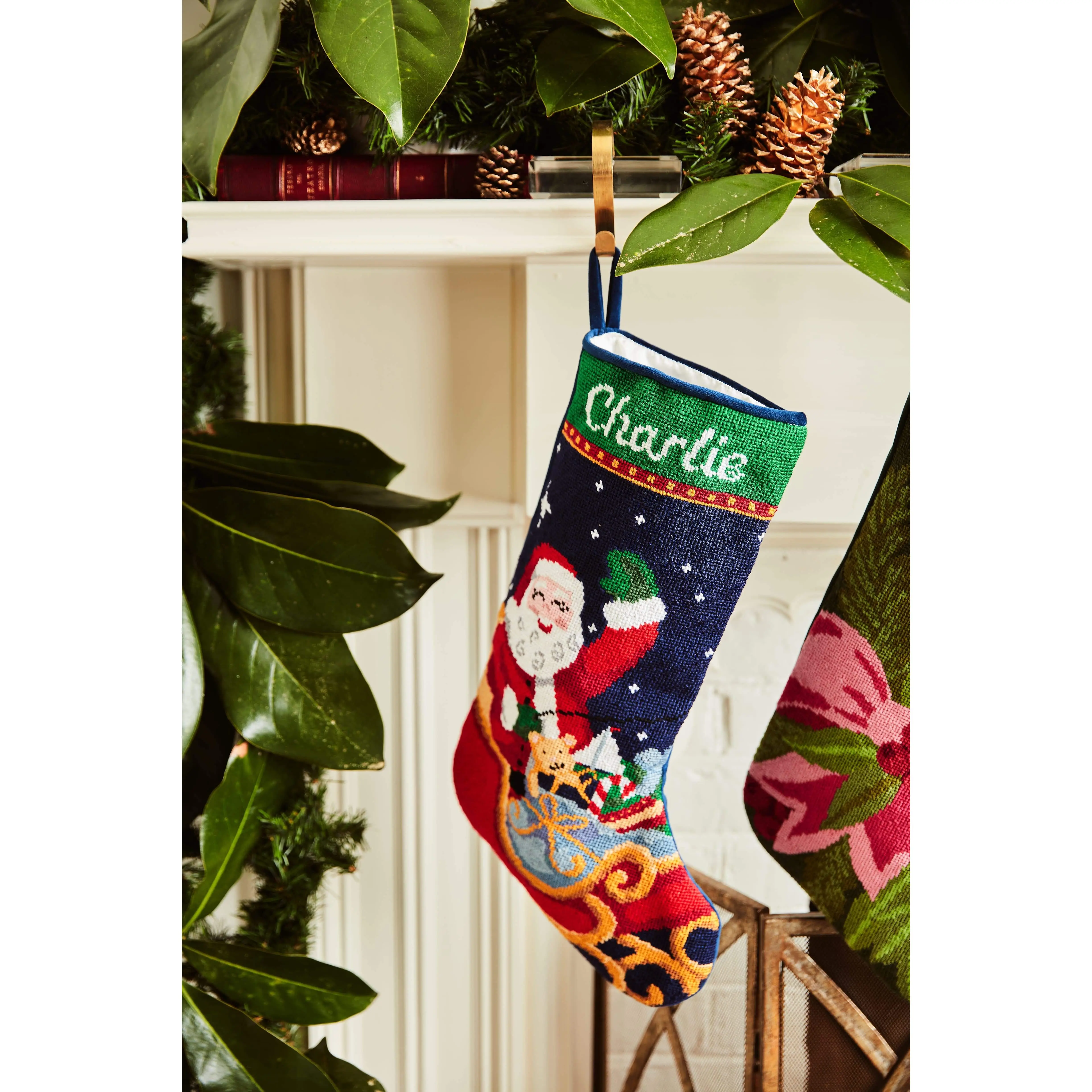 PREORDER FOR 2026: Sleigh Ride Santa Full Size Needlepoint Christmas Stocking