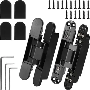 6 inch Hidden Door Hinges Invisible Hinges, 2 Pack Zinc Alloy 3 Way Adjustable Butt Hinge 180 Degree Swing Hinge, Black