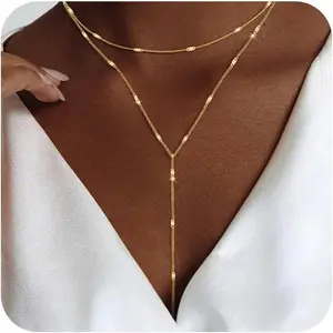 Lariat Gold Necklace for Women Trendy Dainty 14k Gold Plated/Silver Layered Chain Drop Necklaces Y-Shaped Necklace Jewelry for Women Gifts