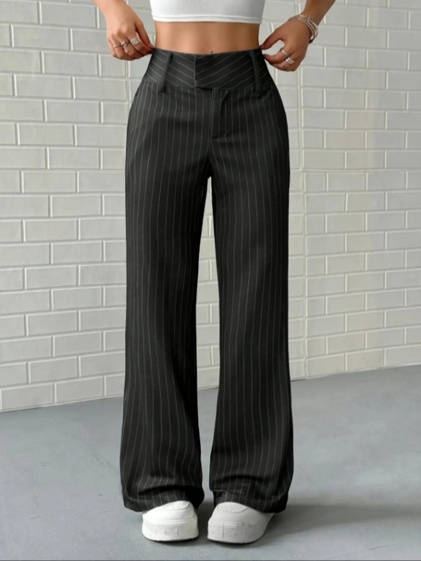 Elegant Women's Straight Leg Pants, Fit, Vertical Striped, Office & Casual Fashion Elegant Wear, All-Season, Precision Tailoring, Casual Minimalist Trousers, Casual Chic Trousers, Casual Business Pants, All Seasons Trousers