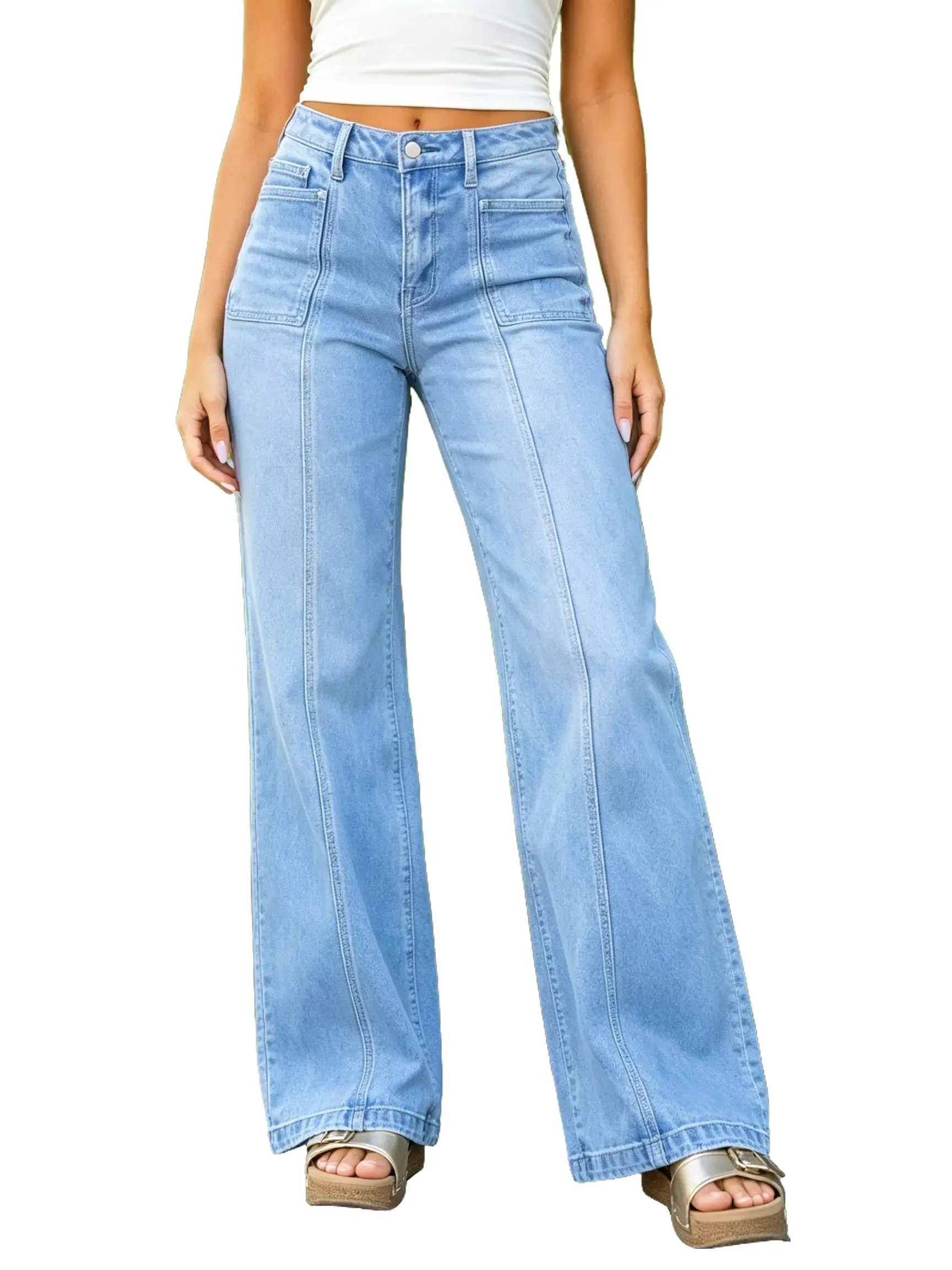 Women's Totally Shaping Straight Jeans Mid RiseStretch Denim Curvy Straight Leg, Baggy Wide Leg Fit, Casual Comfort light wash jeans Womenswear