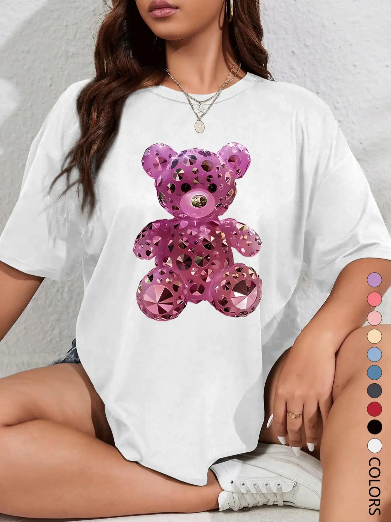 Women's Rhinestone Decor Bear Print Round Neck Tee, Fashion Casual Short Sleeve T-shirt, Ladies Summer Clothes for Daily Wear, Top