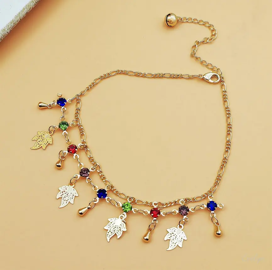 Unisex Bohemian Leaf Charm Alloy Bracelet - Gold Tone, Multicolor Rhinestones, Dangling Bells, Adjustable with Extra Extension Chain, Casual Look, Beach Use, for Friends, Music-Inspired Chain Jewelry Bracelets & Bangles