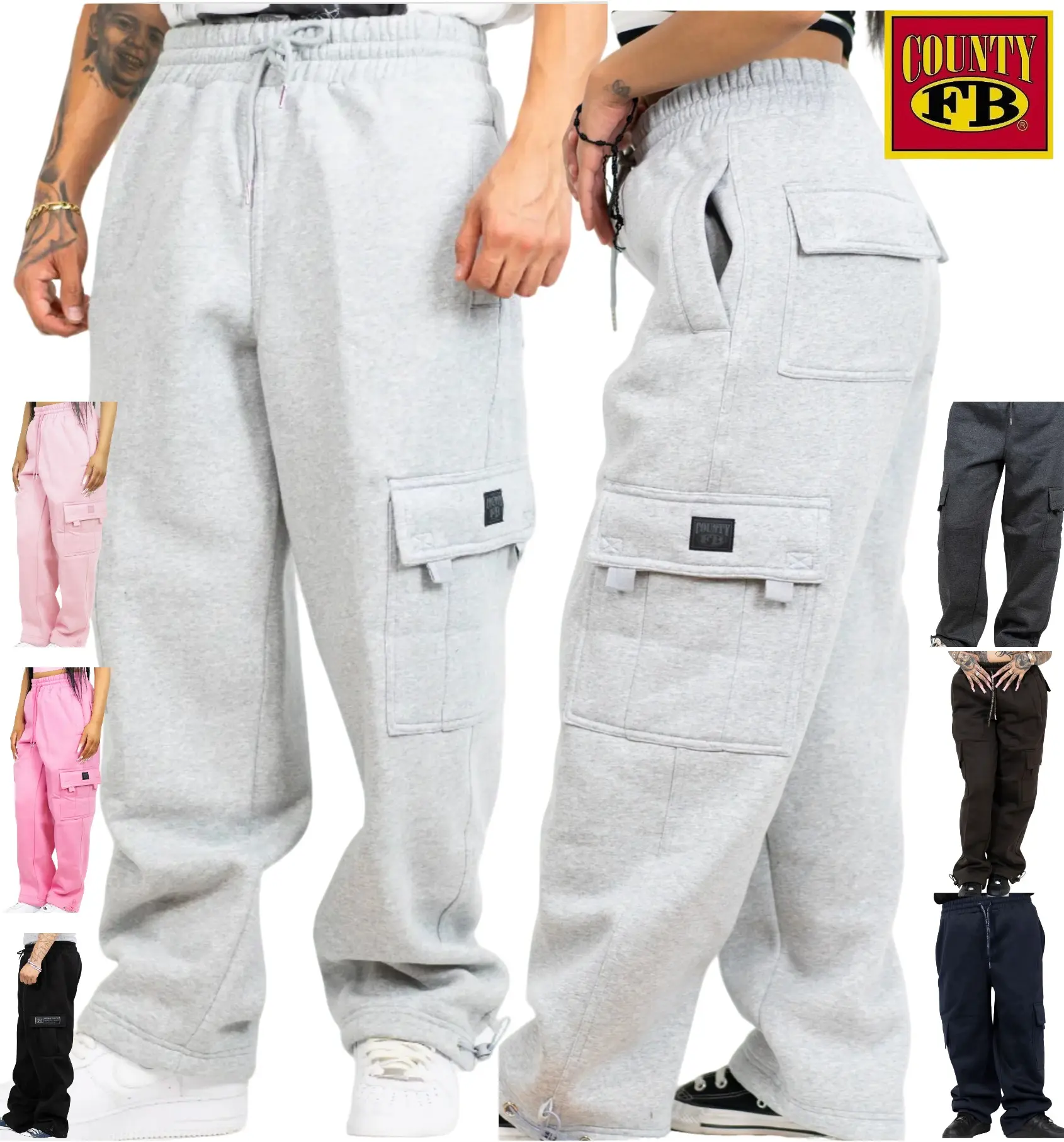FB County Men's Oversize Baggy Fit Cargo Sweatpants, Heavyweight 13oz Cotton Blend Fleece Fabric with Utility Pockets, Cute, Basic, Cargo Trousers, Street, Menswear, Oversized