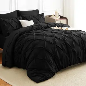 Queen Comforter Set 7 Pieces Bed in A Bag Black Luxury Soft Queen Size Bed Set Pintuck Pleat Bedding Sets with Comforter, Flat Sheet, Fitted Sheet and Pillowcases & Shams